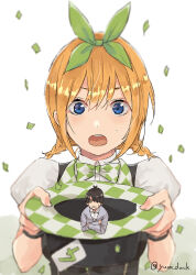  1boy 1girl alternate_costume black_hair blue_eyes bow bowtie braid checkered_bow checkered_bowtie checkered_clothes collared_shirt from_hat_trick go-toubun_no_hanayome green_ribbon hair_ribbon hat hat_basket highres holding holding_hat holding_unworn_clothes in_hat juliet_sleeves long_sleeves looking_at_viewer magic_trick mini_person miniboy nakano_yotsuba open_mouth orange_hair puffy_sleeves ribbon shirt short_hair short_twintails top_hat twin_braids twintails twitter_username uesugi_fuutarou white_shirt yamada_(yum_duck) 