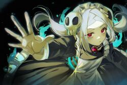  1girl absurdres apron awee black_background black_dress bloody_marie_(skullgirls) closed_mouth dress grey_hair hashtag-only_commentary highres long_hair looking_at_viewer maid maid_apron outstretched_arm red_eyes skullgirls solo standing white_apron 