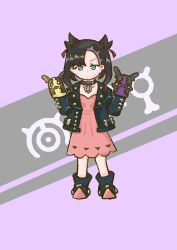  1girl absurdres asymmetrical_bangs black_collar black_footwear black_hair black_jacket boots chibi closed_mouth collar collarbone commentary_request dress earrings full_body green_eyes hair_ribbon hand_puppet hands_up highres jacket jewelry marnie_(pokemon) morpeko morpeko_(full) morpeko_(hangry) open_clothes open_jacket p2_(pcgr7424) pink_dress pokemon pokemon_swsh puppet red_ribbon ribbon solo standing twintails 
