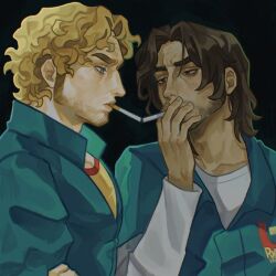  2boys 2men blonde_hair blue_eyes brown_eyes brown_hair cigarette cigarette_kiss curly_(mouthwashing) holding_cigarette jimmy_(mouthwashing) male_focus mouthwashing smoking 