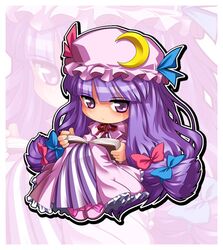  book chibi hat hong_(white_spider) long_hair lowres patchouli_knowledge purple_hair ribbon ribbons shiro_spider touhou 