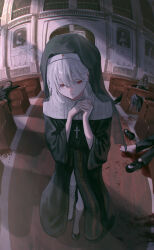  absurdres asymmetrical_legwear black_dress black_socks blood blood_on_clothes blood_on_ground candle church commentary_request cross cross_necklace dress expressionless facing_viewer fishnet_socks fishnets full_body highres implied_murder jewelry kneehighs kyano_(kyanora3141) latin_cross light_particles medium_hair necklace nun original own_hands_together pew pillar red_carpet red_eyes sideways_glance socks solo_focus standing statue white_hair 