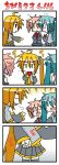  4koma :&lt; :d ahoge akita_neru chibi chibi_miku comic eating hatsune_miku kasane_teto minami_(colorful_palette) open_mouth silent_comic smile spicy sweat tears thighhighs trembling utau vocaloid |_| 