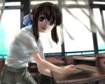  ashibe_tooru book brown_hair bun classroom curtains desk dress_shirt glasses green_eyes hair_bun shirt short_hair skirt smile window 