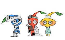  blue_pikmin clipboard closed_eyes doctor happy pikmin_(creature) pikmin_(series) red_pikmin sigh simple_background sitting warmya1211 white_background wrapped_up yellow_pikmin 