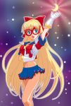  aino_minako bishoujo_senshi_sailor_moon blonde_hair blue_eyes bow choker glasses gloves hair_bow long_hair magical_girl midriff moon ooyama_(o-yama) rainbow_background sailor_v sailor_v_(character) skirt solo star stars very_long_hair 