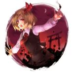  blonde_hair crescent_moon darkness long_sleeves moon necktie open_mouth outstretched_arms red_eyes ribbon ribbons rumia short_hair sky solo spread_arms sunakumo torii touhou 