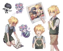  3boys alternate_costume angel_wings aubrey_(faraway)_(omori) aubrey_(omori) barefoot basil_(faraway)_(omori) basil_(headspace)_(omori) basil_(omori) black_eyes black_hair black_socks black_tank_top blonde_hair blue_eyes blue_overalls blue_shirt blush brown_shorts chibi closed_mouth collared_shirt colored_skin demon_wings expressionless flower food fruit green_eyes green_hair green_overalls green_sweater_vest hair_flower hair_ornament head_wreath highres holding holding_head_wreath holding_knife holding_photo holding_watering_can kel_(faraway)_(omori) kel_(omori) knife looking_at_viewer male_focus multiple_boys musical_note open_mouth overall_shorts overalls photo_(object) scrapbook shirt short_sleeves shorts simple_background smile socks striped_clothes striped_shorts sunny_(omori) sweater_vest tank_top teeth torete_(70re7e) vertical-striped_clothes vertical-striped_shorts watering_can watermelon white_background white_shirt white_shorts white_skin wings 