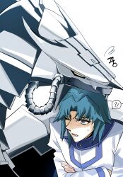  1boy absurdres baekhk2 blue_hair crossed_arms cyber_dragon duel_academy_uniform_(yu-gi-oh!_gx) highres jacket male_focus marufuji_ryo non-humanoid_robot robot robot_dragon simple_background upper_body white_background white_jacket yu-gi-oh! yu-gi-oh!_gx 