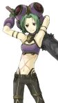  .hack//g.u. .hack//games .hack//roots armband armpits arms_up asta belt crop_top gloves green_hair grey_eyes hat midriff pants short_hair smile solo sword tattoo thigh_strap weapon 