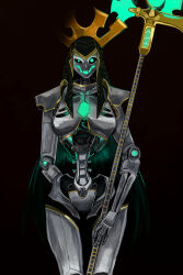  1girl absurdres borrowed_character cape chest_jewel cowboy_shot facepaint fang glowing glowing_eyes glowing_mouth gold_headdress gold_trim green_cape green_eyes highres humanoid_robot kkghost_tv looking_at_viewer mechanical_spine necron open_mouth pharaekh_bahiti_of_the_paskareth_dynasty robot solo warhammer_40k 