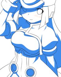  1girl arm_up blue_theme blush breasts closed_mouth curakuru hat large_breasts long_hair looking_at_viewer mega_man_(series) mega_man_zx monochrome prairie_(mega_man) short_sleeves shrug_(clothing) sidelocks simple_background smile solo spot_color unfinished white_background 