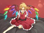  bad_id barefoot fingerless_gloves flandre_scarlet gloves hair_ribbon hiz_(pixiv) no_hat no_headwear ponytail red_eyes ribbon ribbons short_hair sitting touhou wings 