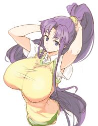  1girl arms_up blunt_bangs breasts eiken eyebrows eyelashes hair_tie huge_breasts long_hair lumo_1121 misono_kirika ponytail purple_hair school_uniform short_sleeves sidelocks sweater_vest tight_clothes very_long_hair violet_eyes yellow_sweater_vest zashono_academy_school_uniform 