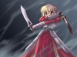  archer archer_(cosplay) armor chibi cosplay fate/stay_night fate_(series) jpeg_artifacts kanshou_&amp;_bakuya saber solo sword weapon 