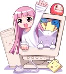  absurdres amaesode cat computer computer_mouse daruma_doll doll folder highres internet_explorer long_sleeves monitor mouse personification pink_eyes pink_hair sleeves_past_wrists through_screen wave waving 