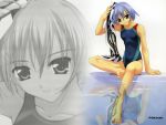  barefoot blue_hair competition_swimsuit murakami_suigun one-piece_swimsuit short_hair swimsuit towel wallpaper zoom_layer 