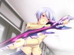  blue_hair chaos;head game_cg happy kishimoto_ayase matsuo_yukihiro plaid purple_eyes school_uniform short_hair skirt solo sword weapon 