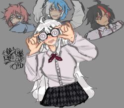  apron black_hair blue_eyes blue_hair blush blush confessions_of_a_rotten_girl_(vocaloid) glasses kasane_teto matsudappoiyo mawarine_shuu nervous nervous_smile nervous_sweating panting red_eyes red_hair rook_(utau) school_uniform sukone_tei utau utau_au utauloid vipperloid vocaloid white_hair 