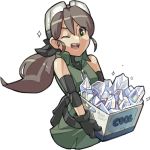  1girl ;) bare_shoulders box brown_hair crystal dated elbow_pads fanny_pack gloves goggles goggles_on_head green_eyes happy junkpuyo long_hair original plume_(junkpuyo) ponytail sleeveless solo wink zipper 