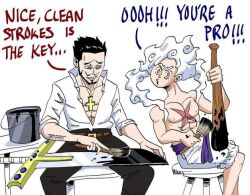 baseball_bat dracule_mihawk monkey_d._luffy monkey_d_luffy multiple_boys one_piece painting short_hair sword toadgashi