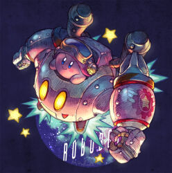  blue_eyes blush blush_stickers closed_mouth commentary_request dark_background goggles goggles_on_head hashibi_rokou kirby kirby:_planet_robobot kirby_(series) mecha robobot_armor robot smile solo space star_(sky) star_(symbol) 
