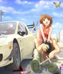  bell bell_collar brown_hair butterflies butterfly car cat_ears cat_tail collar fang getty green_eyes mazda mazda_rx7 motor_vehicle short_hair sky tail vehicle 