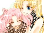  blonde_hair chibi_usa earrings hug jewelry mother_and_daughter nokko pink_hair plaid smile tartan tsukino_usagi wink 