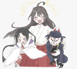  1boy 1girl :d ahoge bandana black_gloves black_hair blush blush_stickers brown_hair carrying carrying_person character_request closed_eyes commentary_request cowboy_shot gloves hair_between_eyes hakama hakama_skirt houjou_tokiyuki_(nige_jouzu_no_wakagimi) japanese_clothes kimono long_hair mask mochizuki_ayako nige_jouzu_no_wakagimi oshio_(baniniwana) pants parted_bangs peanut_mouth red_pants red_skirt ribbon-trimmed_sleeves ribbon_trim sandals side_ponytail sidelocks simple_background skirt smile socks sweatdrop very_long_hair violet_eyes wapanese white_background white_kimono wide_sleeves 