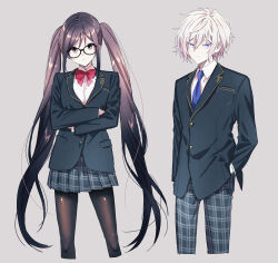  1boy 1girl akuta_hinako alternate_costume arm_at_side black-framed_eyewear black_pantyhose blue_jacket blue_necktie blue_pants blue_skirt bow bowtie brown_eyes brown_hair chaldea_logo closed_mouth cropped_legs crossed_arms fate/grand_order fate_(series) glasses gold_trim grey_background hair_between_eyes hand_in_pocket jacket long_hair long_sleeves looking_at_viewer necktie pants pantyhose plaid_clothes plaid_pants plaid_skirt pleated_skirt prince_of_lan_ling_(fate) red_bow red_bowtie school_uniform shirt short_hair side-by-side simple_background skirt smile twintails violet_eyes wani_(mezo) white_hair white_shirt yu_mei-ren_(fate) 