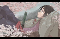  1boy androgynous arms_behind_head arms_up black_hair black_pants feet_out_of_frame houjou_tokiyuki_(nige_jouzu_no_wakagimi) japanese_clothes letterboxed looking_ahead lying male_focus nige_jouzu_no_wakagimi on_back oshio_(baniniwana) outdoors pants pink_petals profile purple_shirt sheath sheathed shirt sidelocks solo sword tree violet_eyes weapon 