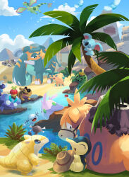 absurdres apple applin bridle cacnea camerupt clouds commentary_request copperajah cowboy_hat cufant cyndaquil day flygon flying food fruit gimmighoul gimmighoul_(roaming) goomy grass hat highres hippowdon hippowdon_(male) klawf komala no_humans outdoors paldean_wooper pokemon pokemon_(creature) rock sandile sandshrew sitting skorupi sky sleeping standing swablu toneko tree water wooper 