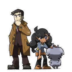 1boy 1girl black_eyes black_hair blacknirrow blue_eyes blue_shirt brown_coat brown_footwear brown_vest closed_mouth coat collared_shirt dark-skinned_female dark_skin emma_(pokemon) espurr eyelashes from_behind full_body hand_in_pocket hand_on_another's_head hand_on_own_chin hand_on_own_knee long_hair looker_(pokemon) necktie open_clothes open_coat orange_footwear orange_skirt pantyhose patch petting pink_necktie pokemon pokemon_(creature) pokemon_xy shirt shoes short_hair simple_background skirt smile standing trench_coat twintails vest white_background white_shirt 