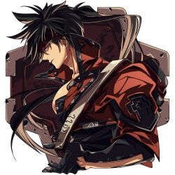  1boy bare_pectorals black_shirt black_trim brown_eyes brown_hair commentary cropped_jacket forehead_protector guilty_gear high_collar jacket long_hair long_sleeves looking_to_the_side male_focus pectorals peko_(opal) ponytail popped_collar red_jacket shirt sidepec sideways_glance simple_background sol_badguy solo symbol-only_commentary very_long_hair white_background 