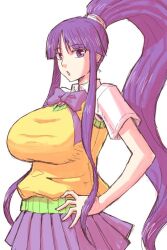 1girl blunt_bangs bow breasts eiken eyebrows eyelashes hands_on_own_hips huge_breasts long_hair looking_at_viewer misono_kirika open_mouth ponytail purple_hair purple_skirt school_uniform shibumi short_sleeves sidelocks skirt sweater_vest very_long_hair violet_eyes yellow_sweater_vest zashono_academy_school_uniform