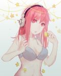 1girl bra breasts cleavage headphones large_breasts long_hair looking_at_viewer nitroplus open_mouth pink_eyes pink_hair solo star super_sonico underwear 