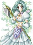  .hack//sign 1girl armor armored_dress dress green_background honeycomb_background lowres subaru subaru_(.hack//) title_drop white_dress 