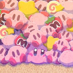  blue_eyes blush_stickers character_doll colored_skin commentary highres invincible_candy kirby kirby_(series) looking_at_viewer maxim_tomato miclot no_humans pink_skin star_(symbol) stuffed_toy symbol-only_commentary 