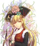  1girl arm_across_chest bangle black_dress blonde_hair bracelet butterfly_hair_ornament butterfly_hat_ornament dress earrings fingernails floral_background floral_print flower fur_trim hair_between_eyes hair_ornament hand_in_hair hat hat_flower head_tilt highres jewelry junko_(touhou) lily_(flower) long_hair long_sleeves looking_at_viewer print_scarf red_eyes scarf smile solo tabard touhou upper_body very_long_hair white_background yangsan_(2991076090) 