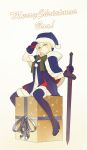  1girl artoria_pendragon_(all) beige_background black_gloves blonde_hair boots box cape dark_excalibur fate/grand_order fate_(series) fur_trim gift gift_box gloves hat high_heels highres holding holding_sword holding_weapon looking_at_viewer santa_alter santa_hat simple_background sitting solo sword thigh-highs thigh_boots tim_loechner weapon yellow_eyes 