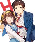  1boy 1girl :d bangs blue_jacket blue_sailor_collar blue_skirt blurry blurry_background blush brown_eyes brown_hair brown_pants clenched_teeth collared_shirt depth_of_field hair_ribbon hairband highres jacket kyon long_sleeves looking_at_viewer mery_(apfl0515) neckerchief necktie necktie_grab neckwear_grab one_eye_closed open_clothes open_jacket open_mouth pants red_neckwear ribbon round_teeth sailor_collar school_uniform serafuku shirt short_hair signature skirt smile suzumiya_haruhi suzumiya_haruhi_no_yuuutsu sweatdrop teeth white_background white_shirt wing_collar yellow_hairband yellow_ribbon 