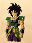  1boy armor arms_at_sides black_eyes black_hair broly_(dragon_ball_super) dragon_ball dragon_ball_super_broly expressionless frown jewelry lee_(dragon_garou) looking_away male_focus necklace pants purple_legwear purple_pants scar short_hair simple_background spiky_hair standing upper_body white_background wristband 