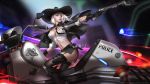  1girl arm_tattoo ashe_(overwatch) belt black_footwear black_gloves black_hat black_legwear black_neckwear black_skirt blurry blurry_background boots breasts buttons cleavage collared_shirt commentary cowboy_hat crop_top cuffs earrings eyeliner fingerless_gloves garter_straps gloves ground_vehicle gun handcuffs handgun hat highres holster jewelry knee_pads liang_xing lips lipstick looking_to_the_side makeup medium_breasts medium_hair messy_hair midriff miniskirt mole_above_mouth motor_vehicle motorcycle nail_polish necktie night nose outstretched_arm overwatch pocket police rain red_eyes red_lipstick revolver sheriff_badge shirt short_hair sitting skirt sleeves_folded_up smoke smoking_gun solo tattoo thigh-highs traffic_cone weapon white_hair white_shirt wind 