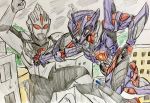  2boys absurdres armor building city giant gridknight_(ssss.gridman) headphones highres katu1753 male_focus multiple_boys no_humans open_hand red_eyes ssss.gridman ultra_series ultraman_orb_dark ultraman_r/b visor 