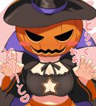  1girl cape cleavage cleavage_cutouts jack_o&#039;_lantern pumpkin solo tagme witch_hat 