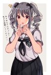  1girl :d absurdres bangs black_bow black_neckwear black_skirt blush bow commentary_request drill_hair eyebrows_visible_through_hair fingernails grey_background hair_between_eyes hair_bow hands_up highres idolmaster idolmaster_cinderella_girls kanzaki_ranko looking_at_viewer neckerchief norazura open_mouth pleated_skirt red_eyes sailor_collar school_uniform serafuku shirt short_sleeves sidelocks skirt smile solo translation_request twin_drills twintails two-tone_background white_background white_sailor_collar white_shirt 