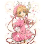  1girl capelet card_captor_sakura cowboy_shot dress eyebrows_visible_through_hair flower gloves green_eyes hair_intakes hat holding holding_wand kinomoto_sakura light_brown_hair long_sleeves looking_at_viewer official_art petals petticoat pink_dress ribbon short_hair solo thigh_ribbon transparent_background uchi_no_hime-sama_ga_ichiban_kawaii wand white_gloves 