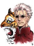  1boy chinese_clothes fangs fate/grand_order fate_(series) grey_hair hair_slicked_back highres imperial_head_guard_(fate/grand_order) li_shuwen_(fate) portrait round_eyewear serious sunglasses tiger 