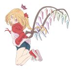  1girl alternate_costume banana_takemura bare_legs blonde_hair blue_shorts casual contemporary crown drawstring flandre_scarlet from_side full_body hair_between_eyes hair_ribbon hand_in_pocket head_tilt highres hood hoodie long_hair long_sleeves looking_at_viewer red_eyes red_footwear red_ribbon ribbon shoes short_shorts shorts simple_background solo tongue tongue_out touhou white_background wings 