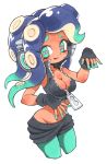  1girl blush breasts cleavage dark_skin fingerless_gloves gloves green_eyes headphones highres iida_(splatoon) looking_at_viewer mole oyatsu_(mk2) pantyhose splatoon splatoon_(series) splatoon_2 symbol-shaped_pupils tentacle_hair 